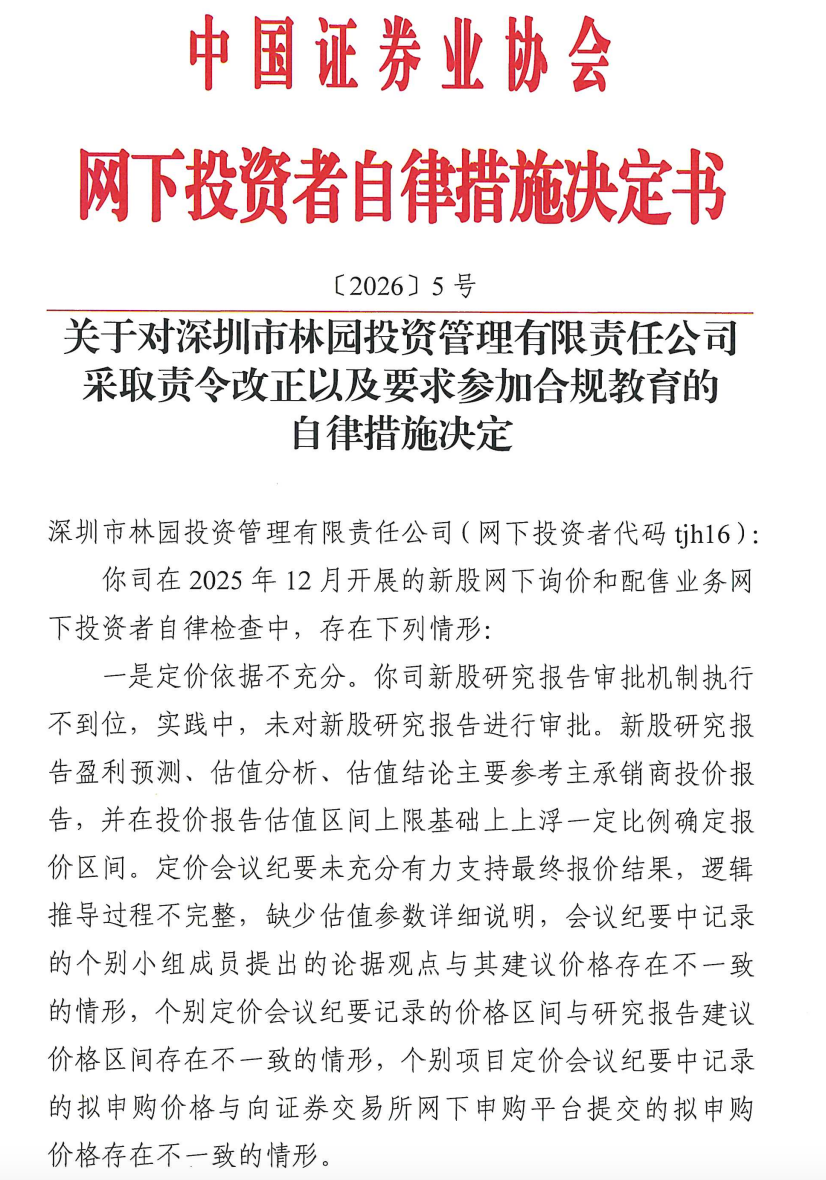 打新涉及定价依据不充分等十项违规，林园投资遭中证协“点名”