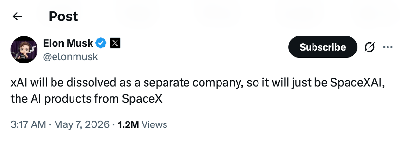马斯克：xAI解散并纳入SpaceX，22万块GPU租给Anthropic